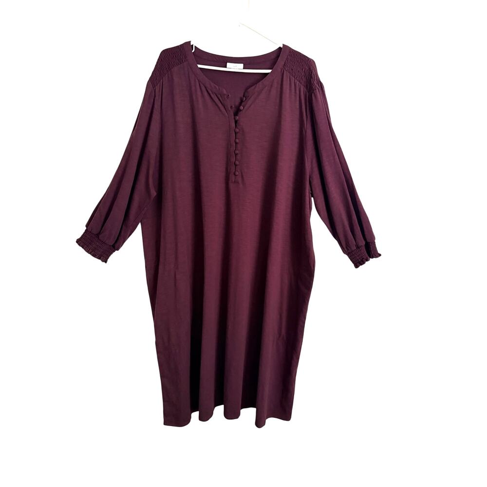 J. Jill Smocked Henley Dress Burgundy 3/4 Sleeves Pockets 3X Cottagecore